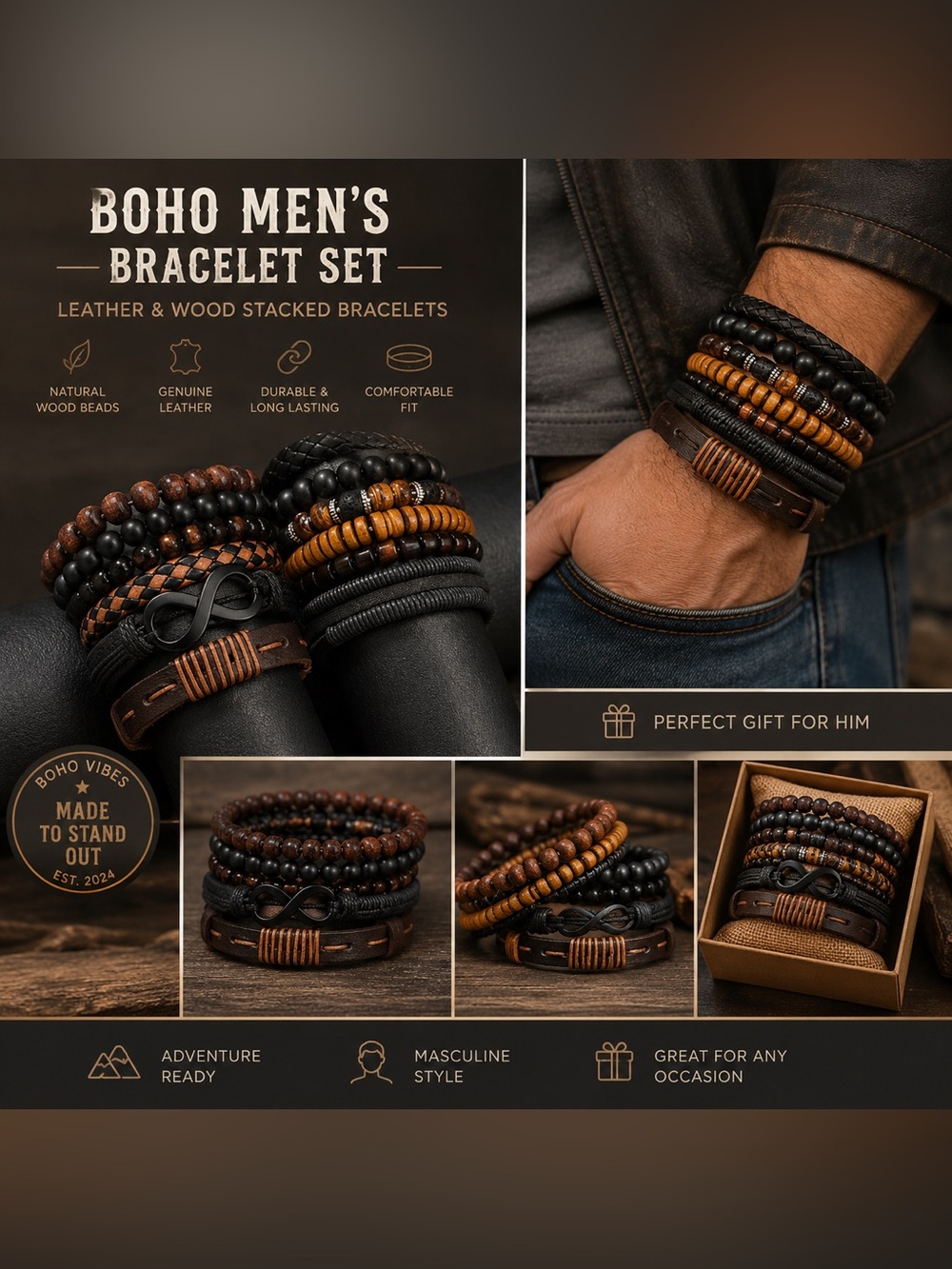 Bohemians  Men's Leather & Wood 12pc Bracelet Set - Black & Brown